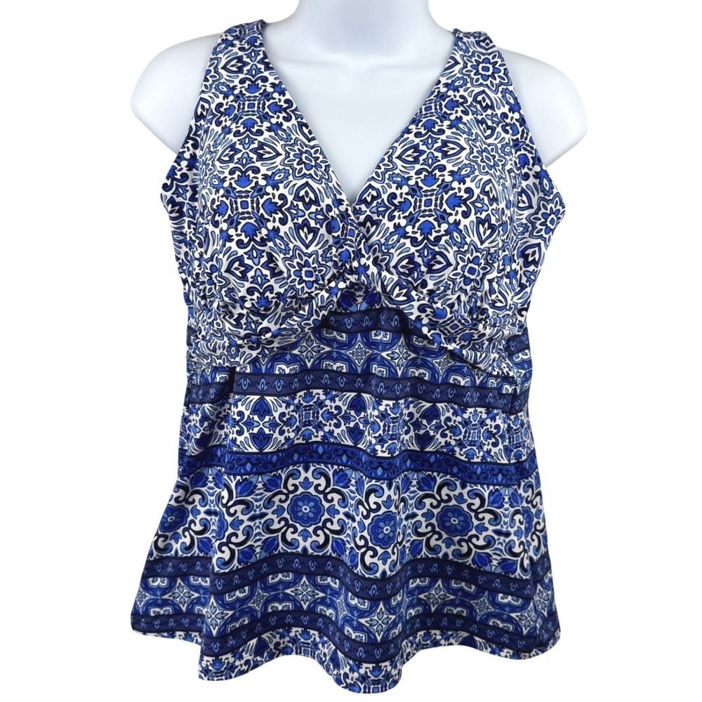 Lands' End Tankini Top Womens 12 Blue White Medallion Tile Twist Front - Picture 2 of 11